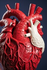A realistic model of a human heart displayed on a table. Suitable for medical and educational purposes