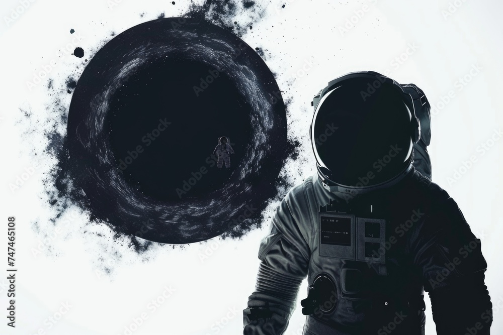 Poster a lone astronaut standing in front of a mysterious black hole. suitable for science fiction themes