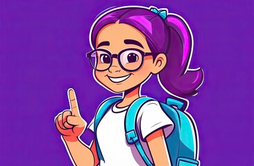 Little schoolgirl points with her forefinger to the side on purple background. Back to school concept. School backgrounds for your creative projects. School education.