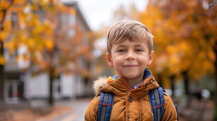 A handsome fair-haired boy of eight years old is walking along a wide road to school