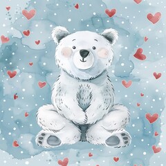 
cute polar bear plain background, with hearts theme