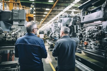 Two men examining industrial equipment. Suitable for manufacturing and technology concepts