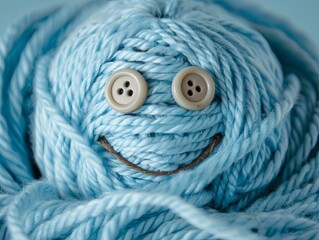 Smiling character in the form of a ball of yarn with button eyes. Abstract emotional face. Illustration for cover, card, postcard, interior design, banner, poster, brochure or presentation.