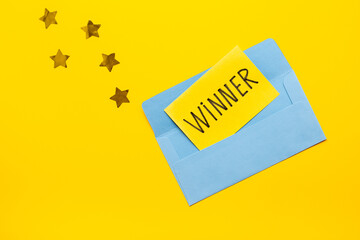 Congratulatory letter for the winner on letter envelope. Winner concept.