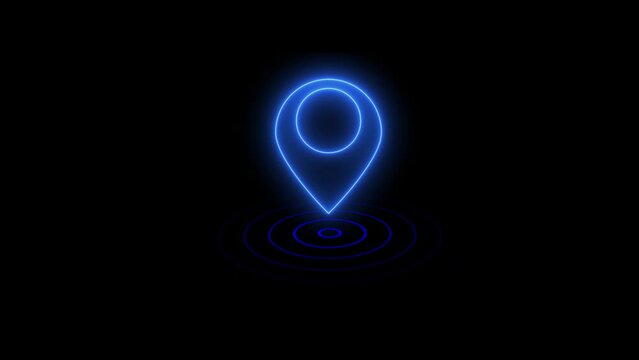 location Icon Neon Light Glowing blue Bright Symbol. Cartoon glowing neon line Map pin icon on black background. Navigation, pointer, location, map, gps, direction, place, compass, search concept.