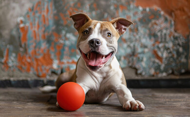 A brown and white fighting dog lying next to a red ball against an old peeling wall. Dog playtime. The dog is in a playful mood and wants to play.