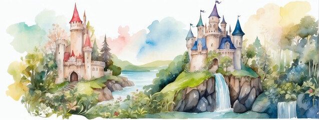 Whimsical watercolor fairytale castle surrounded by lush greenery and magical creatures - obrazy, fototapety, plakaty