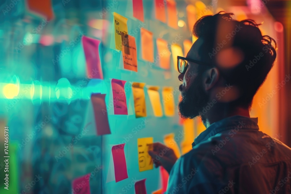 Poster a man is seen writing on a wall covered in post it notes. perfect for business or creativity concept