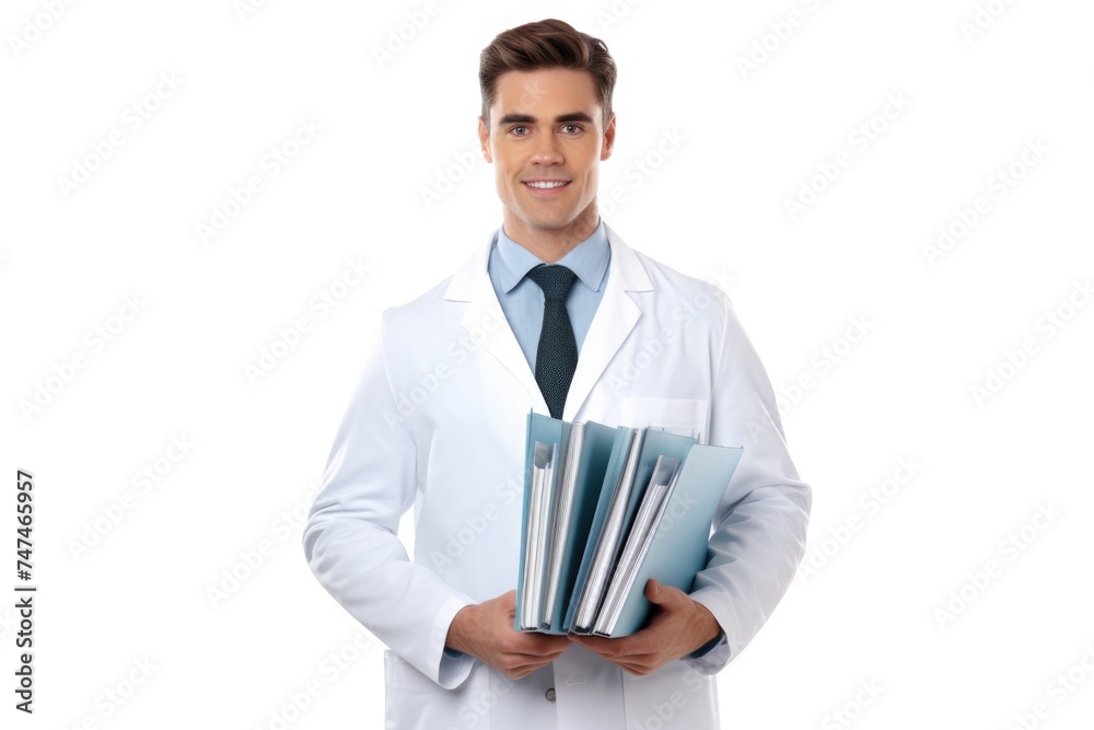 Aufkleber a man in a lab coat holding a bunch of folders. suitable for scientific and educational concepts