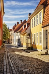 Obraz premium A picturesque view of a cobblestone street lined with charming yellow buildings. Perfect for travel or architectural projects