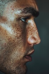 A detailed view of a man's face with freckles. Suitable for various projects