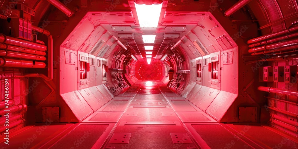 Poster A red light shining through a tunnel in a space station. Suitable for science fiction concepts