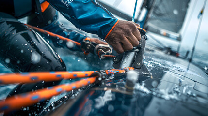 Close-up of the forearms of a person tying a cleat of a sailing catamaran - obrazy, fototapety, plakaty