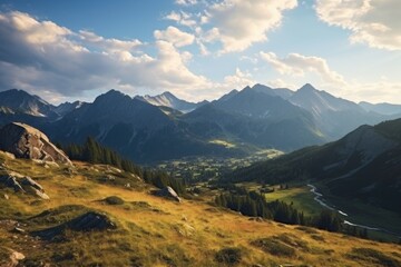 Scenic view of a valley with majestic mountains in the background. Perfect for nature lovers and travel websites