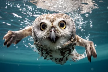Foto auf Leinwand Surprised owl underwater view. Owl snorkeling. © serperm73