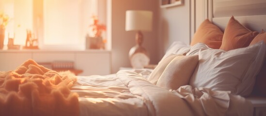 A retro-style filtered image showcasing a bed in a blurred bedroom, adorned with crisp white sheets and pillows. The simplistic yet inviting design of the bed is the focal point of the room. - obrazy, fototapety, plakaty