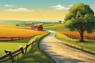 Foto op Canvas Illustration of a beautiful farm. Beautiful Farm landscape Illustration background.  Road to a peaceful farm. Vector illustration of beautiful summer fields landscape. Rural landscape. Farm background © Usama