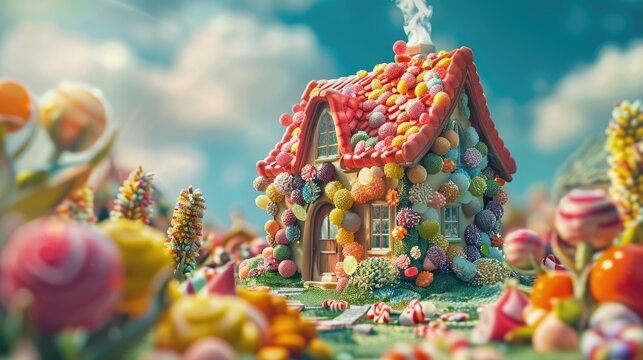 A house made out of candy and candies. Suitable for children's book illustrations