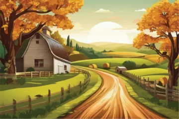  Illustrated landscape of a farm for background. Beautiful Farm landscape Illustration background.  Road to a peaceful farm. Vector illustration of beautiful summer fields landscape. Rural landscape.  © Usama