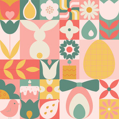 Cute geometric Easter seamless pattern. Abstract flat vector holiday background with easter, spring symbols