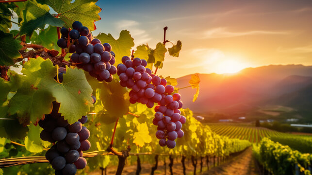 Ripe grapes hung on vineyards of grape trees. In the morning vineyard.