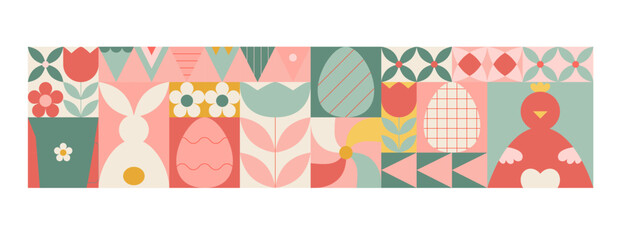 Abstract easter geometric banner, wall art. Cute happy easter vector poster with bright bunny, egg, tulip