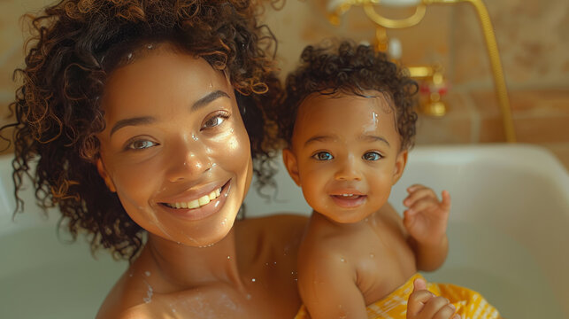 crazy young black woman and her toddler having fun in the bathroom. close up shot, enteratinment. free time, lifestyle.generative ai - Powered by Adobe