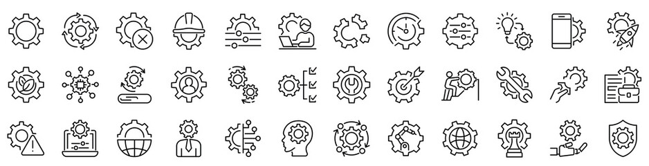 Set of 36 outline icons related to gears.Linear icon collection. Editable stroke. Vector illustration