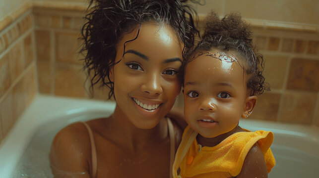 crazy young black woman and her toddler having fun in the bathroom. close up shot, enteratinment. free time, lifestyle.generative ai