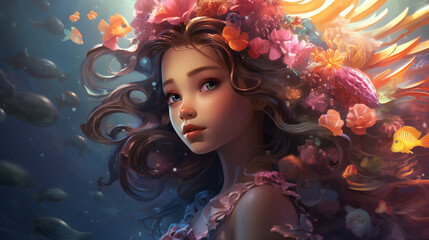 Little mermaid girl underwater with long hair, fish, flowers and shells. Cartoon character from children's fairy tales.