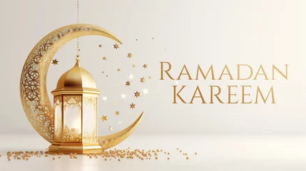 Foto op Plexiglas Ramadan Kareem greetings on a 3d background with decorative Lantern, crescent and stars © Paint It Bliss