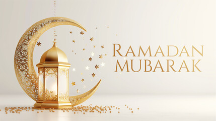 Ramadan Mubarak greetings on a 3d background with decorative Lantern, crescent and stars © Paint It Bliss