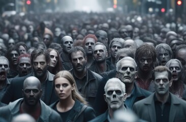 Crowd of zombies on street of city. Apocalypse, end of world, horror.