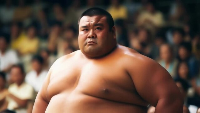 A sumo wrestler of North American descent his energy radiating with a focused expression as he stands still against the spectating crowd in a defocused sumo wrestling arena.