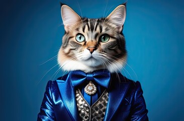 Stylish portrait of glamour dressed up cat. Creative portrait of domestic animal on bright background.