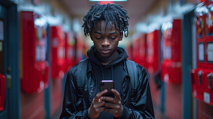 Black teenage boy texting on cell phone in hallway at high school,generative ai