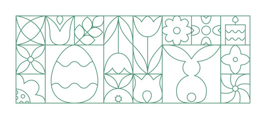 Abstract line easter geometric eggs, bunny, tulips, candle. Spring outline easter eggs poster