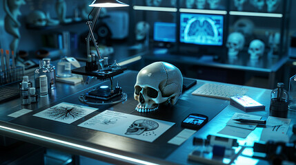 A 3D rendering of a highly detailed forensic laboratory scene, where a skull is placed on a metallic examination table, illuminated by a bright, clinical light