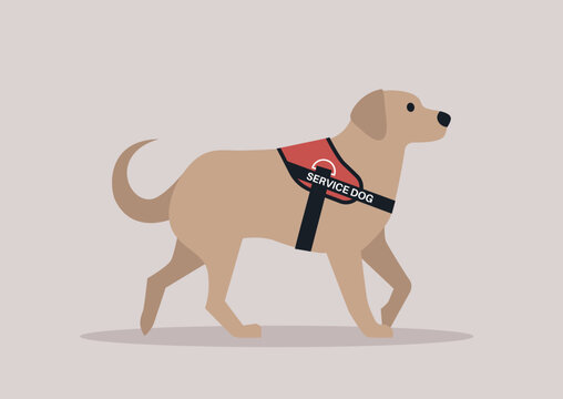 Dutiful Companion on Call, A Trained Service Dog Readies for Assistance, A loyal golden retriever in a labeled vest showcases its readiness to aid