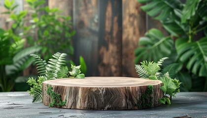 wooden podium with nature concept