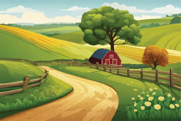 Illustrated landscape of a farm for background. Beautiful Farm landscape Illustration background.  Road to a peaceful farm. Vector illustration of beautiful summer fields landscape. Rural landscape. 