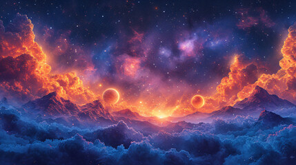 Fototapeta premium Vibrant watercolor cosmic scene with planets and nebulae. Wall art wallpaper
