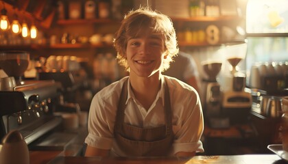 smiling barista in a cozy coffee shop