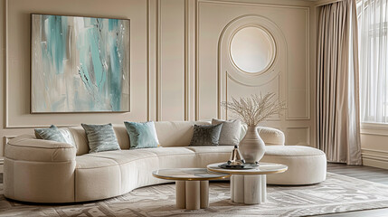 Obraz premium Luxury living room with ivory sofa and mint pillows. Quiet luxury concept.