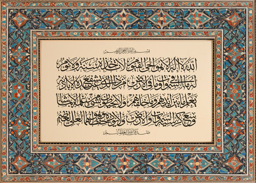 Arabic Calligraphy Vector from verse 255 of chapter 2&rdquo; Al-Baqarah - Ayat ul Kursi Ayatul Kursi" of the Quran. Says, "Allah - there is no deity except Him.......