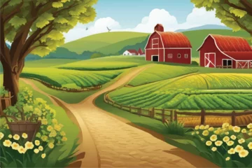 Meubelstickers Illustrated landscape of a farm for background. Beautiful Farm landscape Illustration background.  Road to a peaceful farm. Vector illustration of beautiful summer fields landscape. Rural landscape.  © Usama