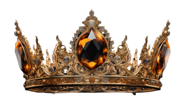 A realistic golden crown suspended gracefully in mid-air, portrayed in PNG style against a pure and crystal-clear background, emanating an aura of regality and elegance
