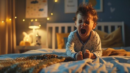 Tired Toddler Yawning in a Colorful Bedroom. Generative ai