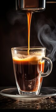 Closeup of Hot Espresso Shot Pouring from Espresso Machine - Perfect for Breakfast, Cafes and Coffee Lovers