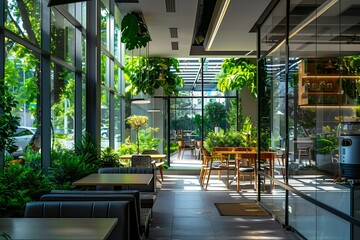 Modern Cafe Interior with Greenery and Natural Light. Generative ai